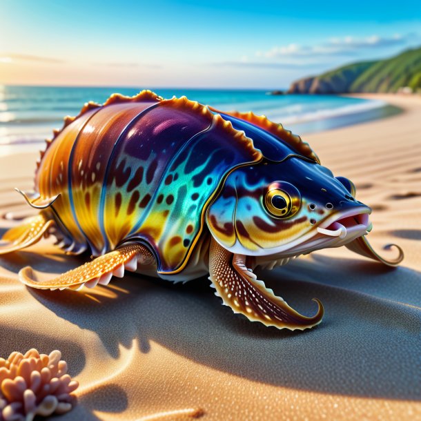 Illustration of a cuttlefish in a belt on the beach