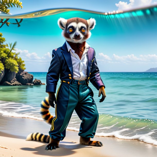 Image of a lemur in a trousers in the sea