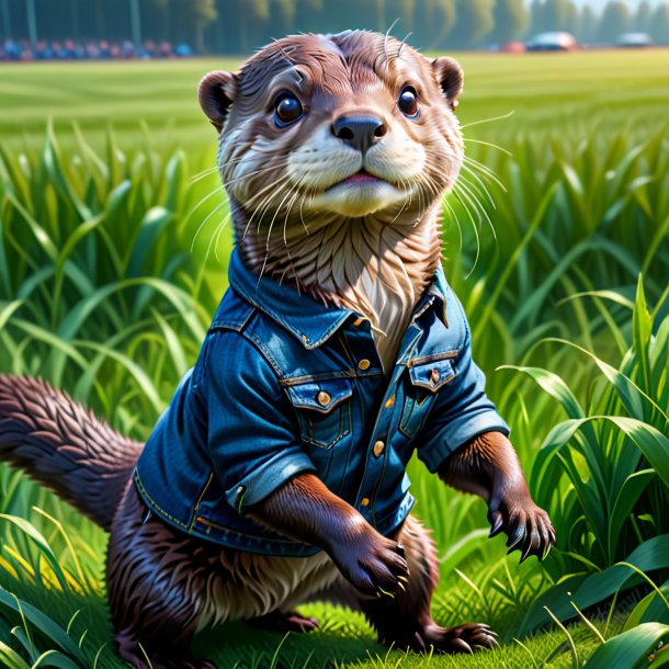 Drawing of a otter in a jeans on the field