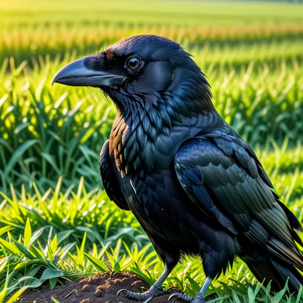 Foto de um descanso de um corvo no campo