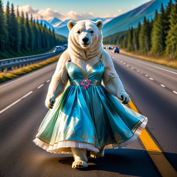 Picture of a polar bear in a dress on the highway