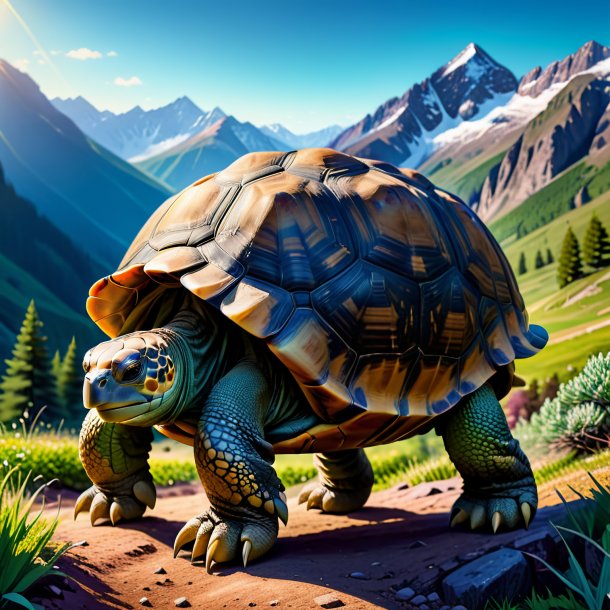 Image of a tortoise in a trousers in the mountains