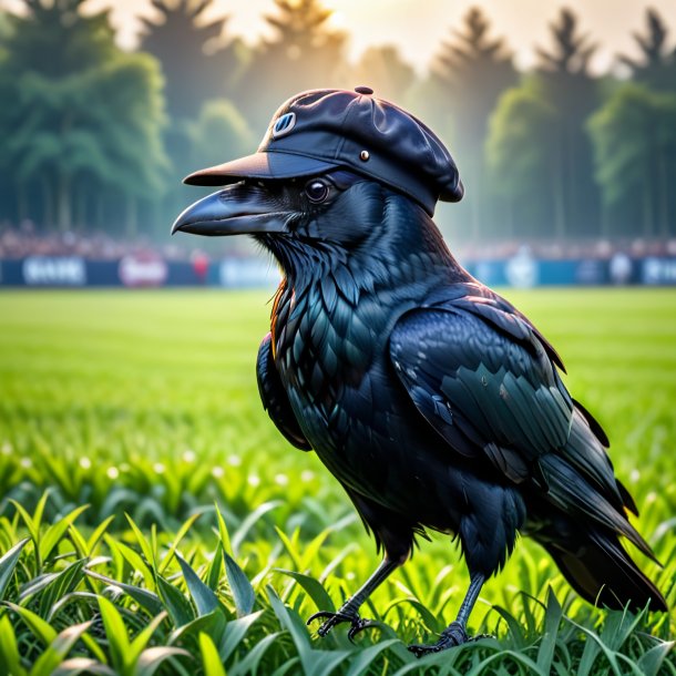 Foto de um corvo em um boné no campo