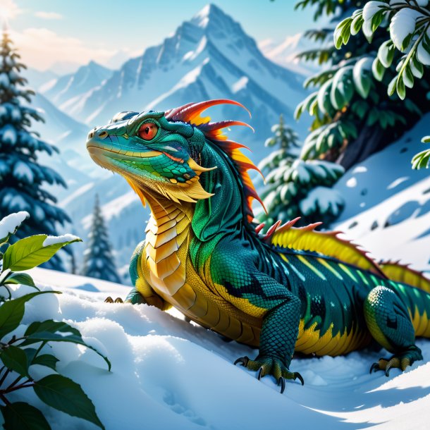 Photo of a resting of a basilisk in the snow