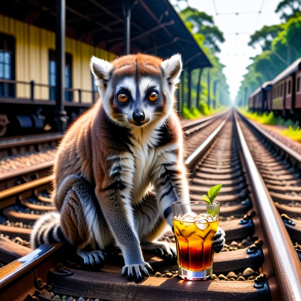 Foto de una bebida de un lémur en las vías del tren