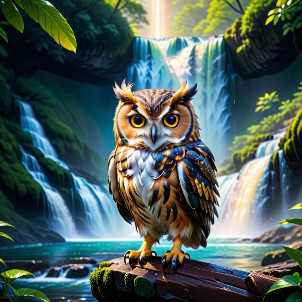 Pic of a owl in a belt in the waterfall