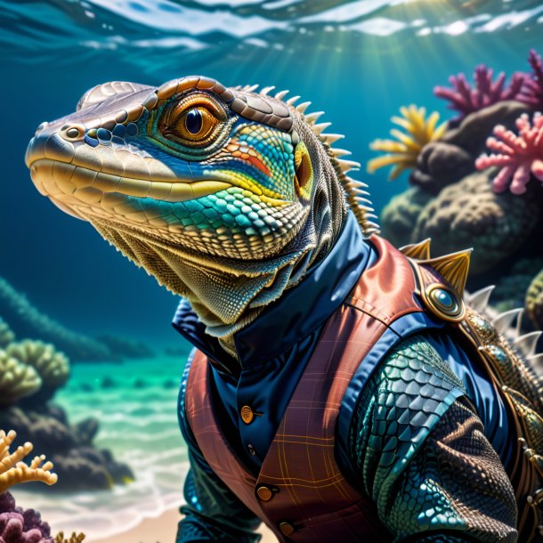 Pic of a monitor lizard in a vest in the sea