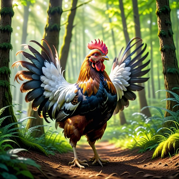 Foto de un baile de una gallina en el bosque