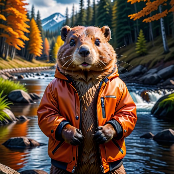 Image of a beaver in a orange jacket