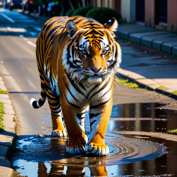 Photo of a tiger in a skirt in the puddle