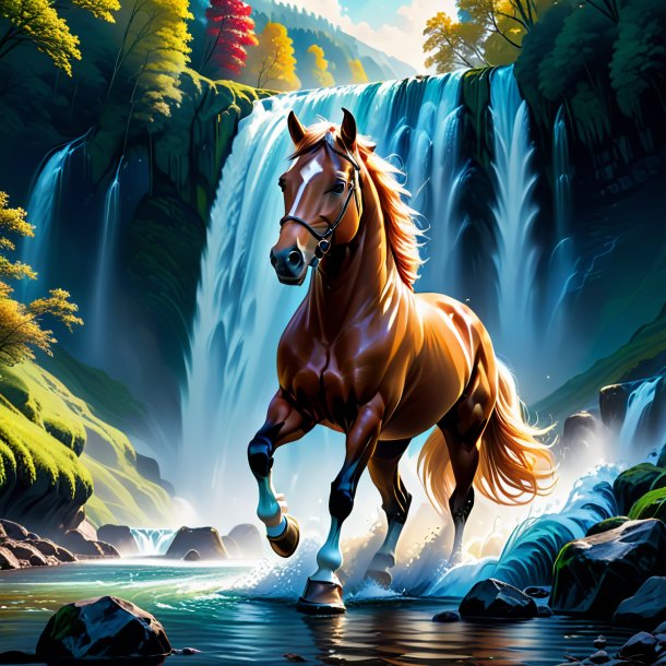 Ilustração de um cavalo em uma luvas na cachoeira