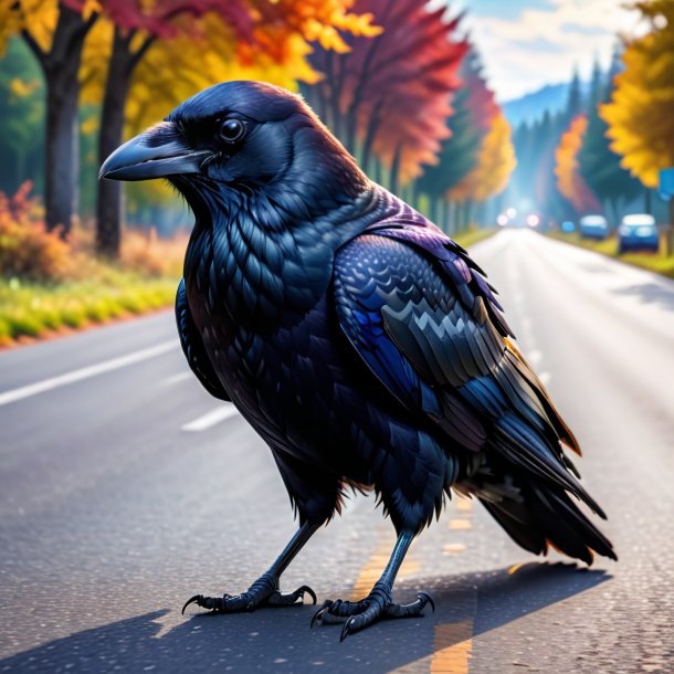 Picture of a crow in a sweater on the road