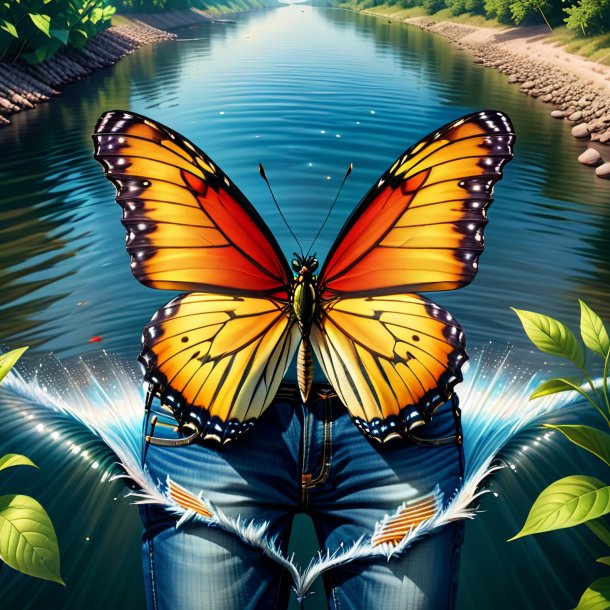 Illustration of a butterfly in a jeans in the river