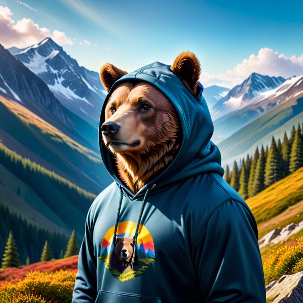 Picture of a bear in a hoodie in the mountains