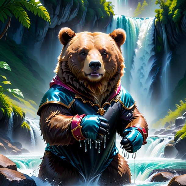 Image of a bear in a gloves in the waterfall