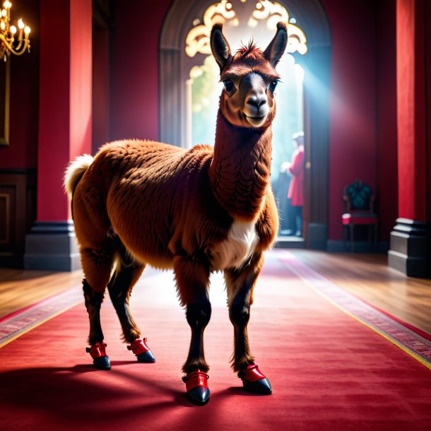 Foto de una llama en zapatos rojos