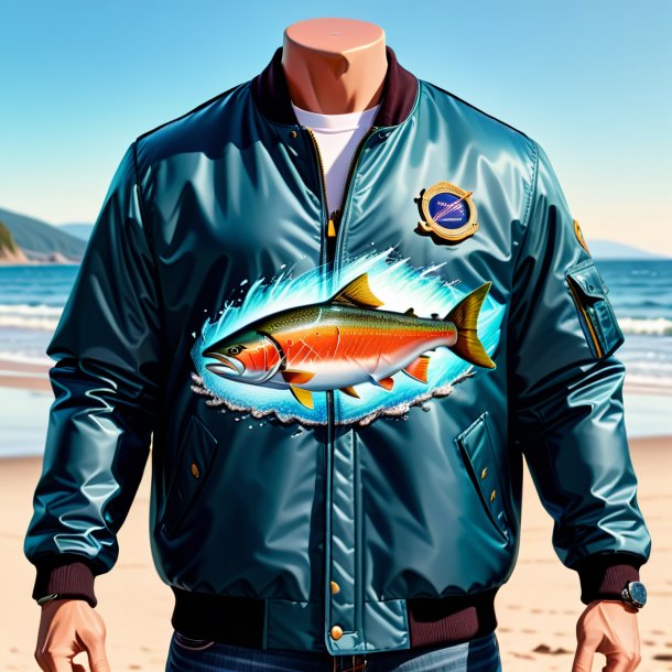 Drawing of a salmon in a jacket on the beach