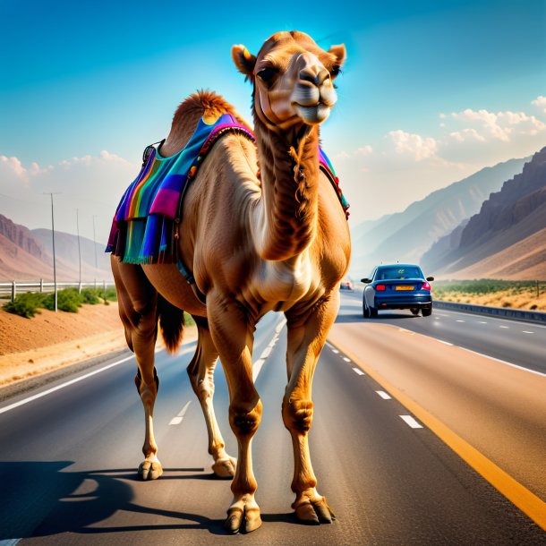 Photo of a camel in a trousers on the highway