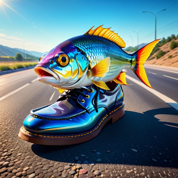 Pic of a fish in a shoes on the highway