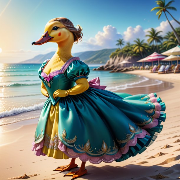 Ilustração de um pato em um vestido na praia