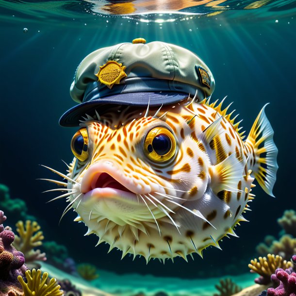 Drawing of a pufferfish in a cap in the water