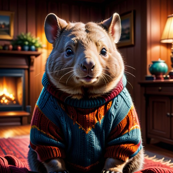 Ilustración de un wombat en un suéter en la casa