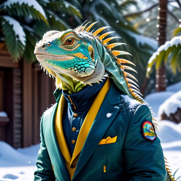 Foto de una iguana en una chaqueta en la nieve