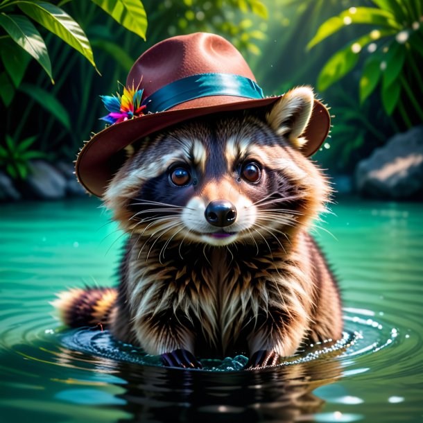 Photo of a raccoon in a hat in the water