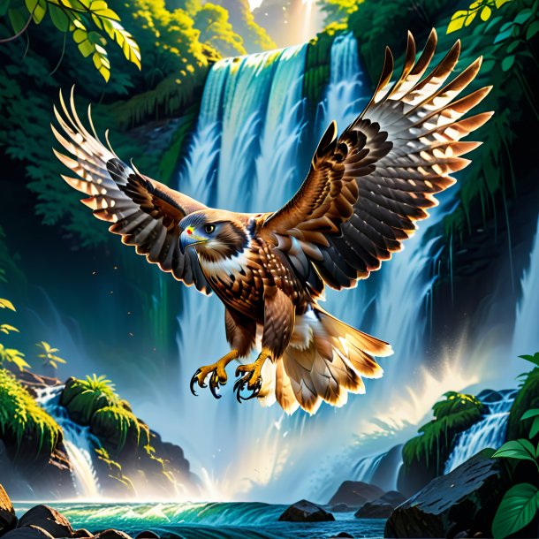 Illustration of a hawk in a belt in the waterfall