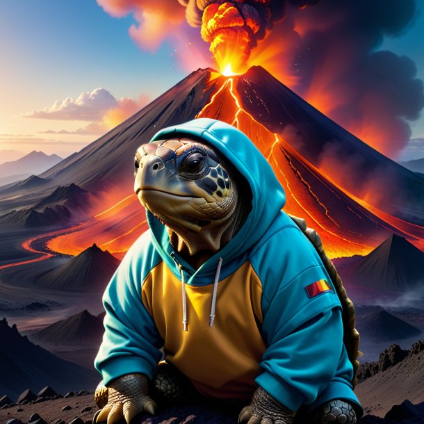 Imagen de una tortuga en una sudadera con capucha en el volcán