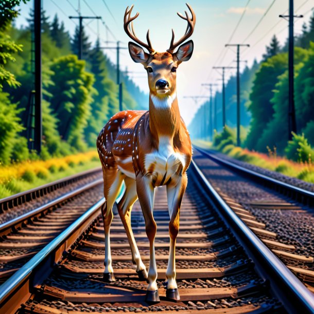 Picture of a deer in a trousers on the railway tracks