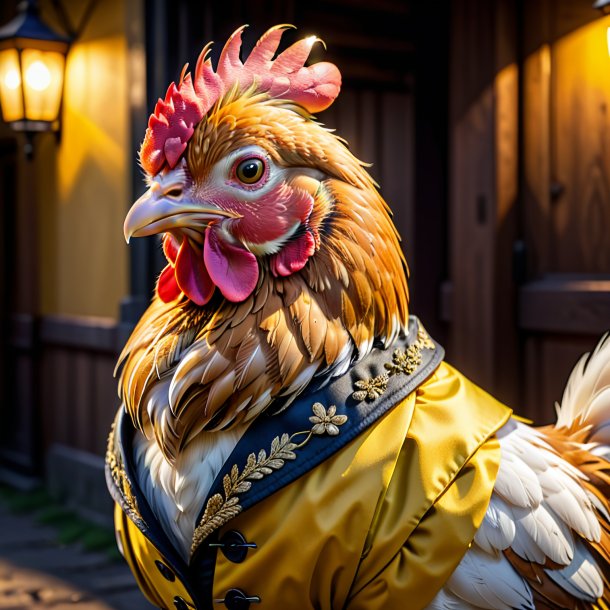 Foto de una gallina en un abrigo amarillo