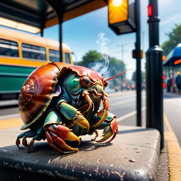 Image of a smoking of a hermit crab on the bus stop