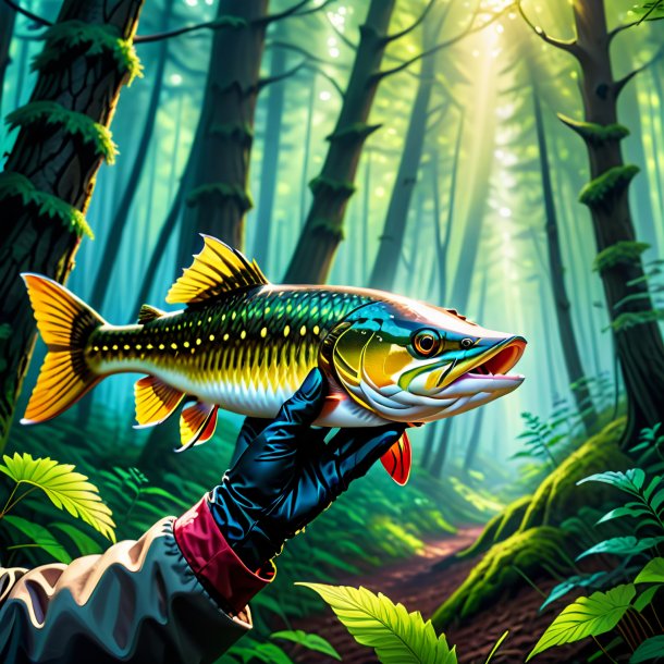 Drawing of a pike in a gloves in the forest