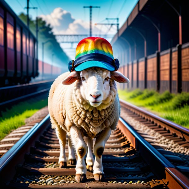 Foto de una oveja en el sombrero en las vías del tren