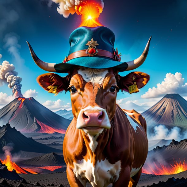 Picture of a cow in a hat in the volcano