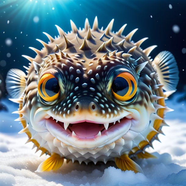 Uma foto de um sorriso de um pufffish na neve