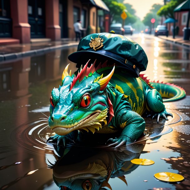 Illustration of a basilisk in a cap in the puddle