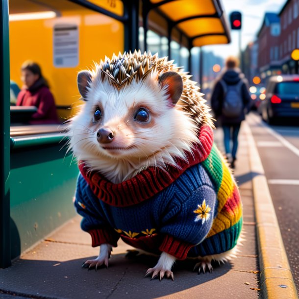 Pic of a hedgehog in a sweater on the bus stop