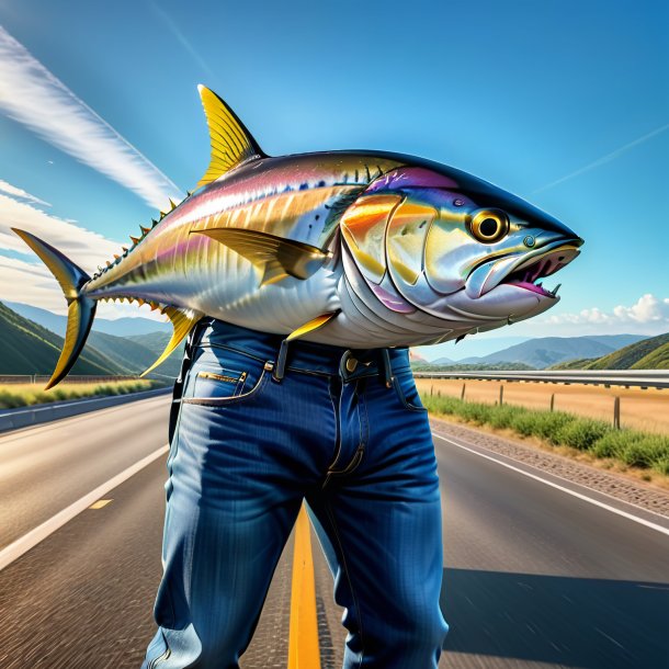 Foto de un atún en un vaquero en la carretera