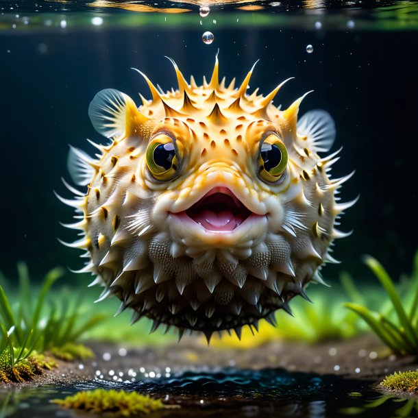 Photo of a dancing of a pufferfish in the puddle