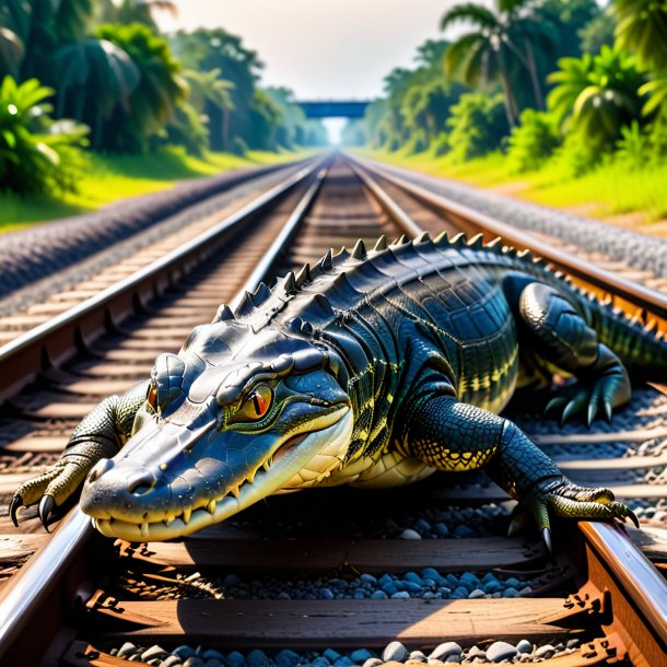 Foto de un descanso de un caimán en las vías del ferrocarril