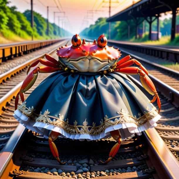 Photo of a crab in a skirt on the railway tracks