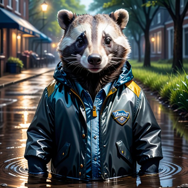 Illustration of a badger in a jacket in the puddle