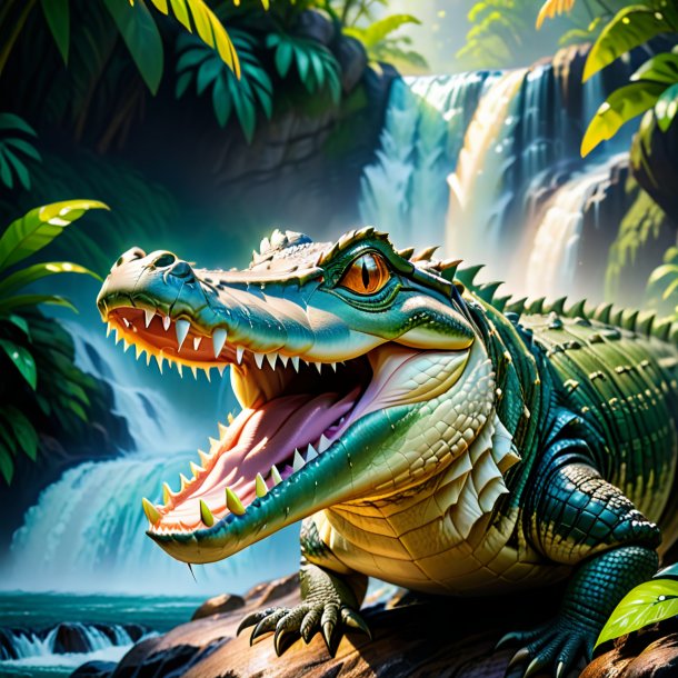 Um, sorrindo, de, um, crocodilo, em, a, cachoeira