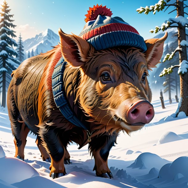 Drawing of a boar in a cap in the snow