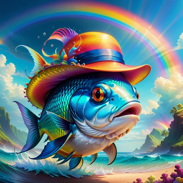 Illustration d'un poisson dans un chapeau sur l'arc-en-ciel