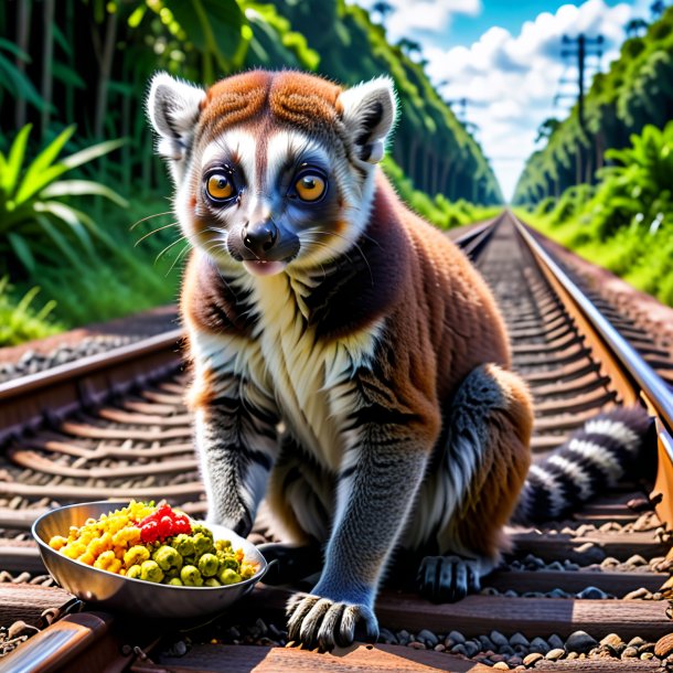 Imagem de um comer de um lêmur nos trilhos ferroviários