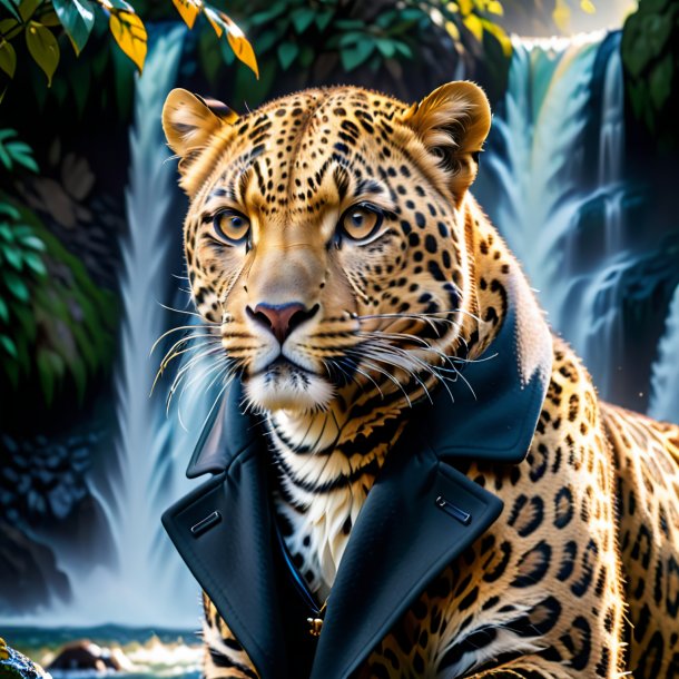 Foto de un leopardo en un abrigo en la cascada