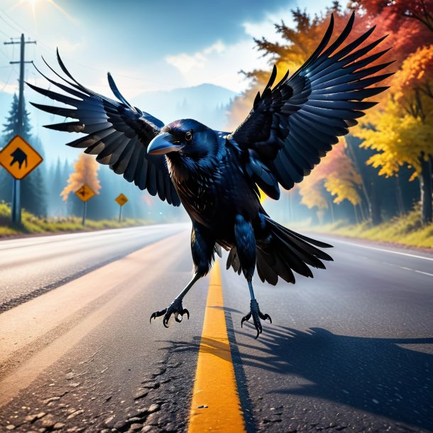 Image of a threatening of a crow on the road